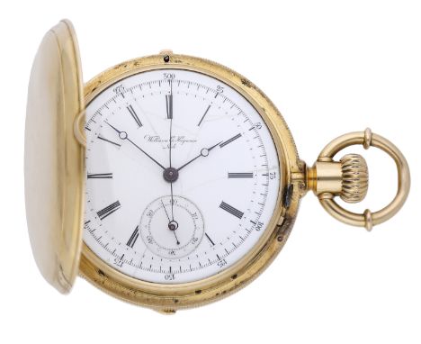 Williams E. Huguenin, Locle. A gold hunting cased chronograph watch, No. 14664, circa 1890. Movement: jewelled lever escapeme