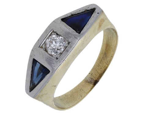 A sapphire and diamond dress ring, the lozenge-shaped bicolour ring mount bezel-set with an old brilliant-cut diamond between