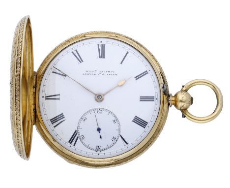 William Jaffray, Glasgow. A gold hunting cased watch, 1866. Movement: three quarter plate, lever escapement, diamond endstone