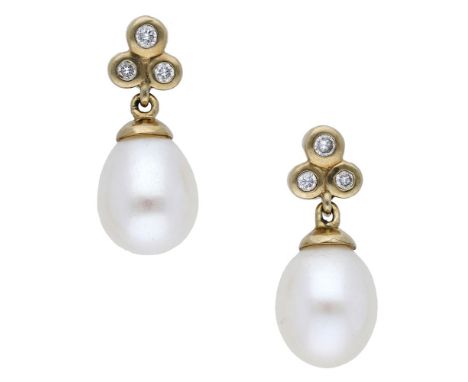 A pair of 18ct gold pearl and diamond earrings, the trefoil surmounts bezel set with brilliant-cut diamonds and suspending a 