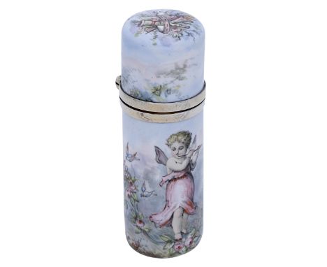 A late 19th century French silver gilt and enamelled cylindrical perfume bottle, the hinged lid opening to reveal a glass sto