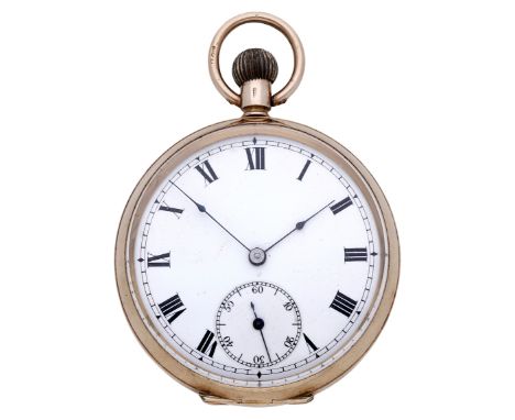Swiss. A gold open-faced keyless watch, circa 1912. Movement: manual winding, lever escapement, 15 jewels, no. 853727. Dial: 