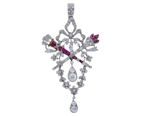 A diamond and ruby ‘Trophy of love’ pendant, modelled as crossed flaming Hymenean torch and quiver of arrows, each set with c