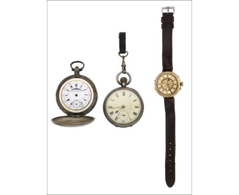Swiss. A gold wristwatch together with a silver hunting cased watch made for the Turkish market and another silver watch, cir
