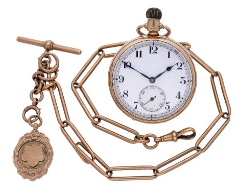 Swiss. A gold open-faced keyless watch with Albert chain, 1926. Movement: cal. 37, manual winding. Dial: white enamel, Arabic