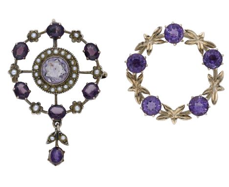 An amethyst and seed pearl pendant/brooch and an amethyst wreath brooch, the first centred with a circular-cut amethyst and s