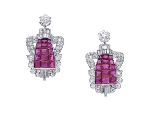 A pair of ruby and diamond ear pendants, adapted from an Art Deco double clip brooch, the central flared slightly domed panel