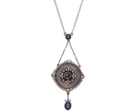 A bicolour amethyst set pendant, in the Jugendstil taste, the circular pendant with beaded decoration and central amethyst on
