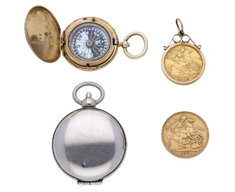 A late 19th century gold mounted compass, the plain polished case opening to reveal a mother-of-pearl compass, stamped ‘18’, 