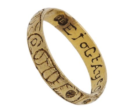 An 18th century gold MEMENTO MORI skull ring, of D-shaped cross section, the exterior engraved with a skull (depicted by eye 