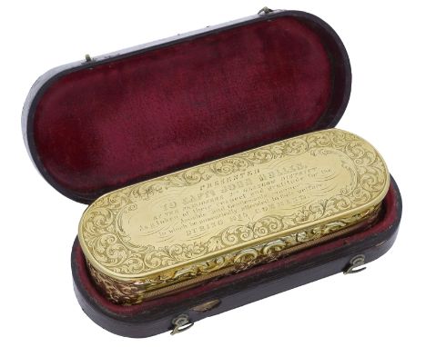 A Victorian 18ct gold snuff box, 1848, of rectangular form with bowed ends,  the hinged lid engraved with a presentation insc