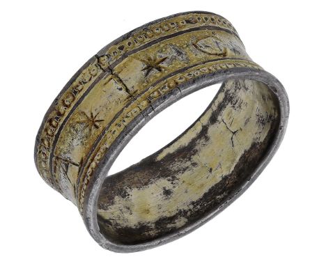 A late Medieval silver gilt finger ring, the broad band with raised pelleted border to the exterior, the central panel engrav