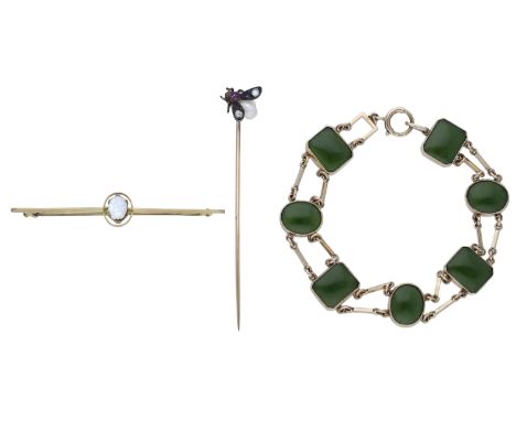 A small collection of jewellery, to include an early 20th century gold and opal bar brooch, a late 19th century baroque pearl