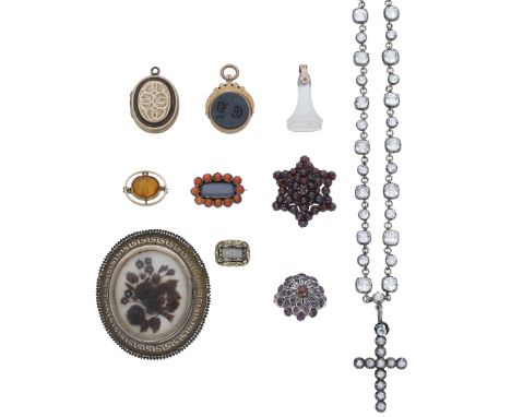 A collection of mostly antique jewellery, comprising a late 19th century gold locket, two 19th century engraved fobs, an earl