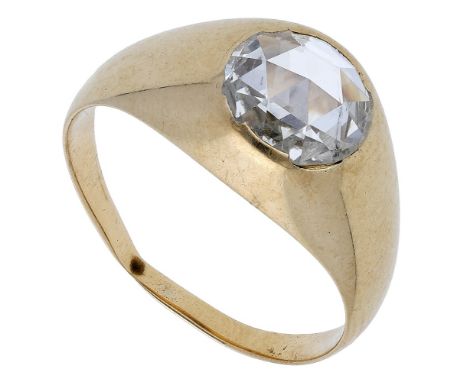 A single stone diamond ring, the tapered band bezel set with a rose-cut diamond, ring size P½.  £1,000-£1,200