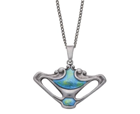 An Art Nouveau enamel pendant by Charles Horner, 1909, the openwork drop of stylised whiplash design and with green-blue enam