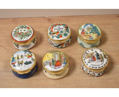 A group of six Halcyon days Bilston enamel trinket boxes.