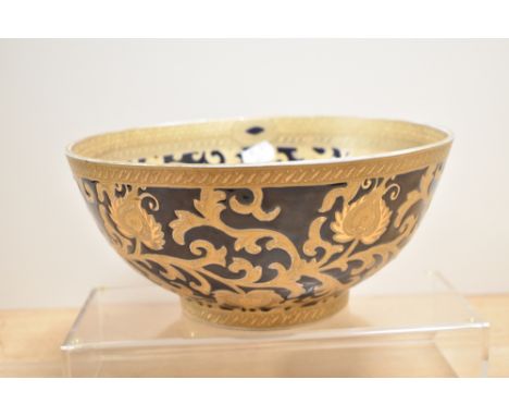 A Chinese porcelain blue and gilt tapestry, footed bowl, 26cm diameter