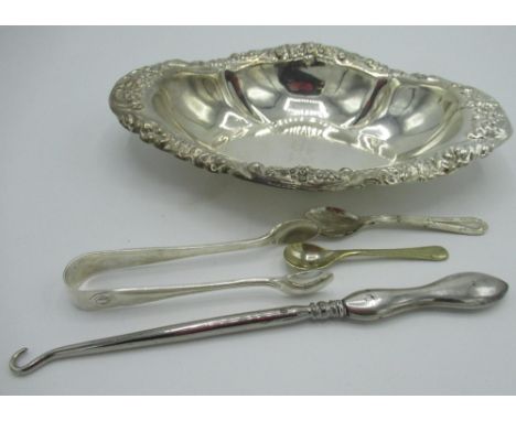 Continental sterling silver bonbon dish of quatrefoil design with repousse floral and scroll border, EPNS sugar tongs, two si