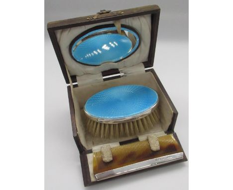 Geo V. hallmarked silver and blue enamel cased hairbrush and comb set by F G Rose, Birmingham, 1927 