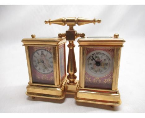 C20th continental combination miniature carriage clock and ameroid barometer painted porcelain dials and the further panels d