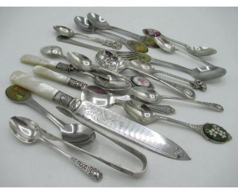 Rav Wilding Collection - set of 6 Tetley teaspoons, mother of pearl handle butter knives, silver plated sugar tongs etc 