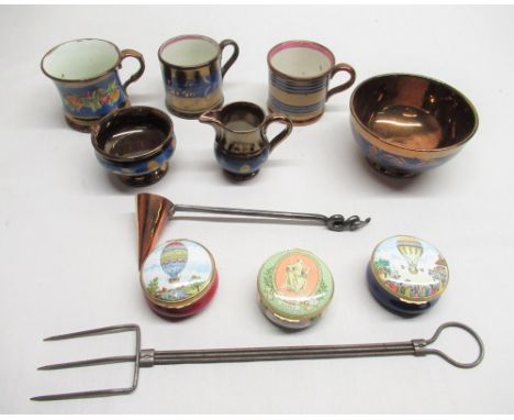 Three Bilston &amp; Battersea enamel lidded boxes, three Sunderland lustre mugs, other lustre ware, candle snuffer with wroug