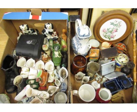 Collection of ceramic boots and shoes, two Staffordshire type Spaniels, Sylvac treacle glazed mug with gun dog crossed huntin