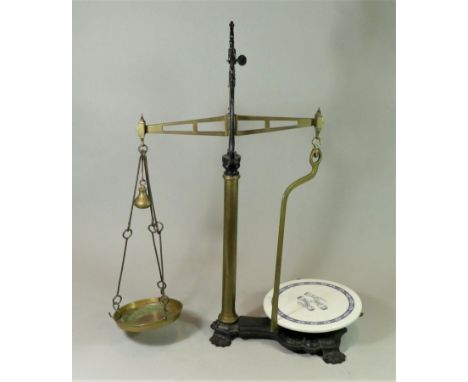 A set of W&amp;T Avery butchers cast iron and brass scales, with porcelain plate, the plate is decorated with a blue and whit