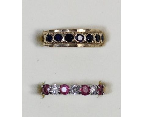 A 9ct gold and sapphire ring, L and a 9ct gold and ruby ring, N 1/2, 3.2gm 