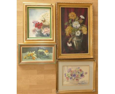 Vivian M. Palmer oil on board still life, framed &amp; signed lower right, together with two oil on canvas still life's, and 