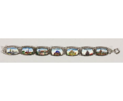 A German 800 standard and enamel panel link bracelet, decorated with City scenes, satmped REU, 18.5cm, 23gm 