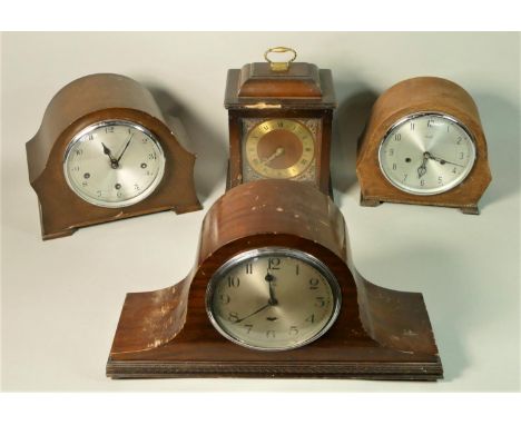A collection of clocks and barometers to include, Westminster chime manual wind mantle, Mahogany inlaid 8 day and others. 