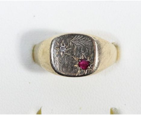 A 9ct gold ruby and diamond signet ring, Q, 3gm 