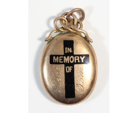 A Victorian 9ct rose gold and black enamel mourning locket, engraved Dear Tom, 9ct stamp, locket bezel lacking glass, 32 x 20
