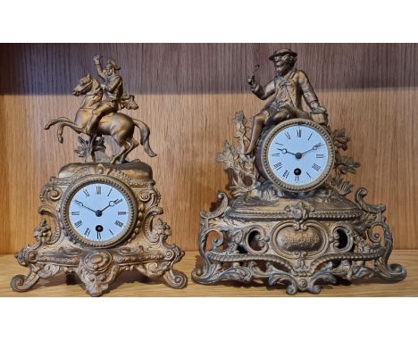 A French gold painted spelter mantle clock with mounted knight in armor surmount, 32cm and another similar, 2 x pendulum 