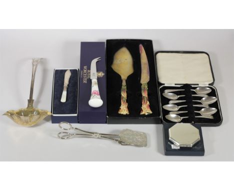 A George III silver set of Old English tea spoons, London 1800, 82gm, A Royal Worcester handled cheese knife and other items.