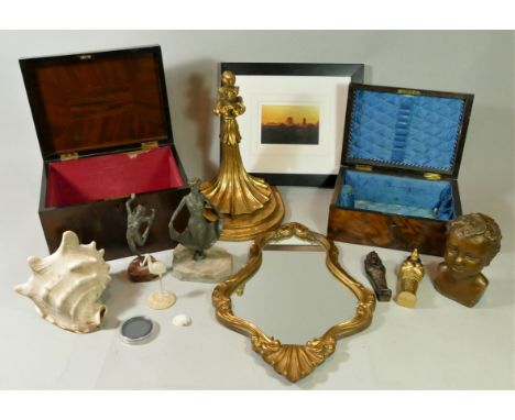 An Edwardian mahogany sewing box together with a walnut veneered example, two spelter figurines, a metal bust of a young girl