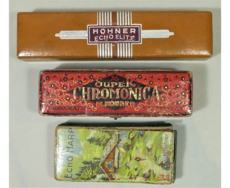 Three Harmonicas, to include A Hohner Echo Elite Harmonica, with case, together with an Echo Harp from Hohner, and a Super Ch