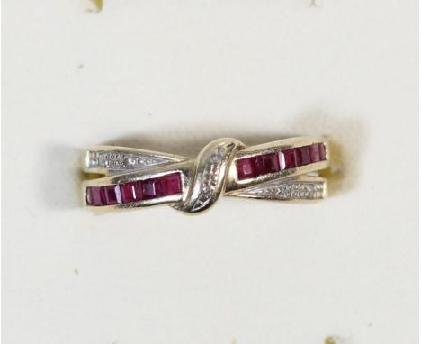 A 9ct gold synthetic ruby and diamond crossover ring, O 1/2, 1.8gm 