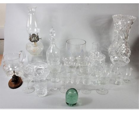 A 19th century green glass dump with floral detail, 11 cm, together with a collection of glassware to include, a decanter, va