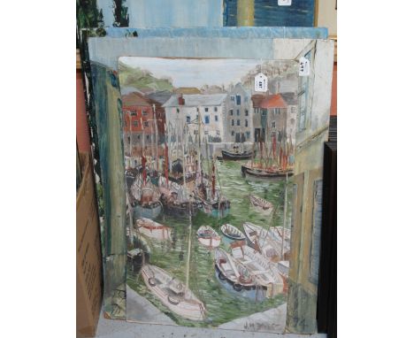 J.M. Davies, harbour scene, oils on board, unframed and three large street scene architectural studies, signed Owen, dated: '