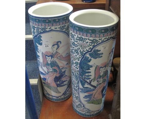 Two modern Chinese ceramic cylinder stick or umbrella stands, decorated with female figures. (2)(B.P. 24% incl. VAT)