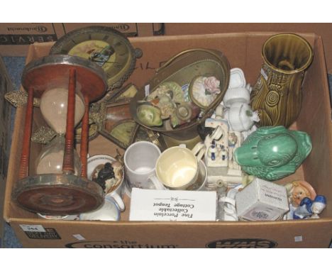 Box of assorted items to include: large egg timer; lady's dressing table items; Sylvac duck; Continental figurines; commemora