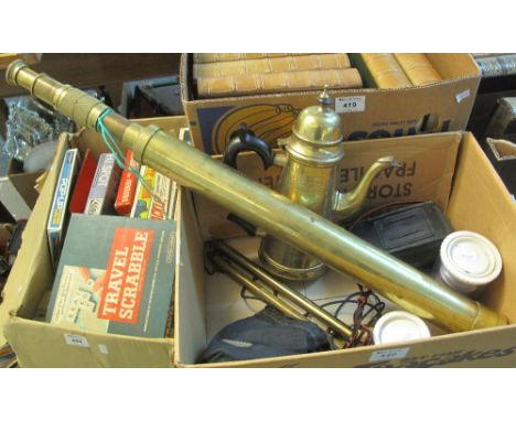 Box of assorted items to include: brass telescope; two Salters scales; silver plated coffee pot; Canon Snappy LX camera etc.(