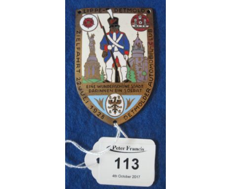 1920s German car rally time trial enamel shield shaped bumper badge: 'Lippe-Detmold Zielfahrt 22nd July, 1928, Detmolder Auto