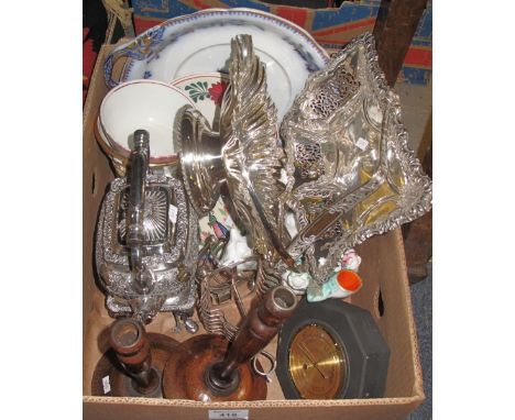 Box of assorted items to include: pair of oak candlesticks; modern wall barometer; Staffordshire spill vase; silver plated sp