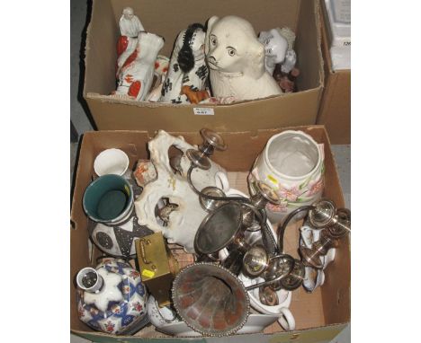 Two boxes of assorted china and metalware etc. to include: various Staffordshire and other Spaniels; dog and other figurines;