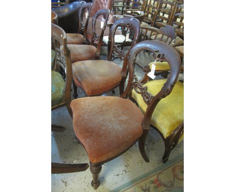 Set of four late Victorian mahogany spoon backed dining chairs with moulded, pierced decoration, interlaced bars, serpentine 
