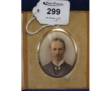 Portrait miniature of a gentleman on ivory in oval yellow metal setting, in original fitted box. (B.P. 24% incl. VAT)